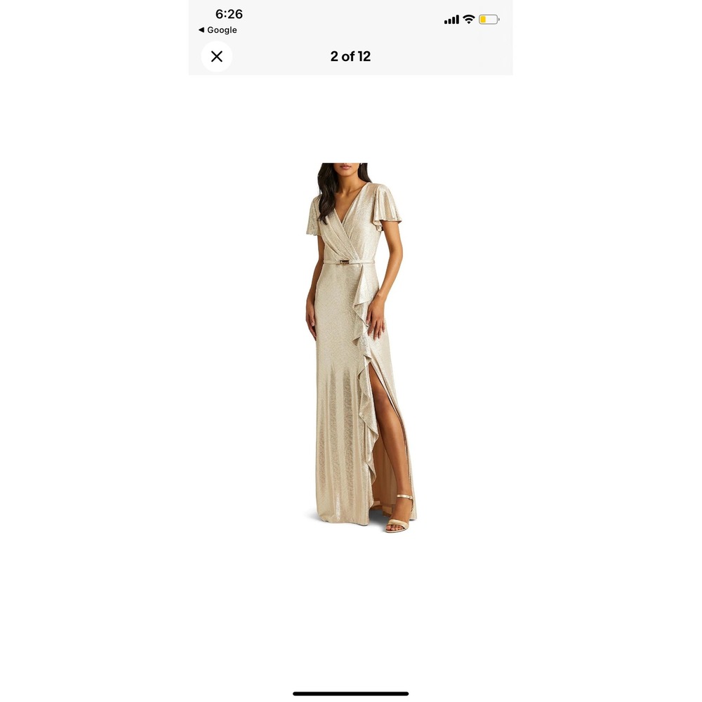 Lauren Ralph Lauren metallic gold v neck maxi dress gown size 14‎ new ruffle